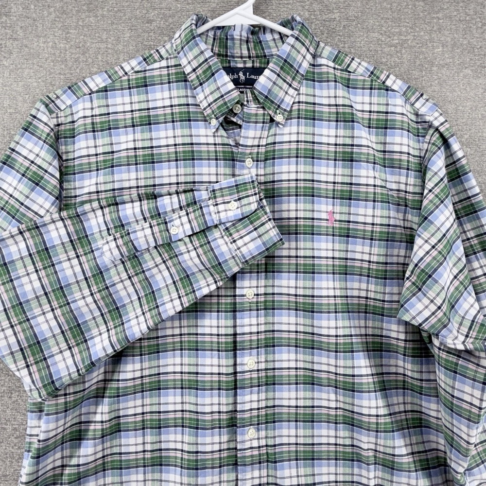 Ralph Lauren Classic Fit Shirt Men Size XL Green Plaid Casual Long Sleeve Preppy